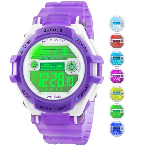 Juboos Kinder Digitaluhren, 7 Farben LED-Licht, Wasserdicht, Alarm, Stoppuhr, Outdoor Armbanduhr für Kinder 5-18 Jahre (Schwarz) (Violett) (Violett) von Juboos