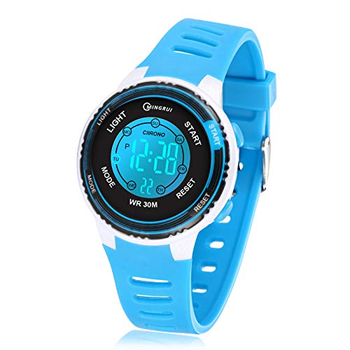 Juboos Kinder Digitaluhren, 7 Farben LED-Licht, Wasserdicht, Alarm, Stoppuhr, Outdoor Armbanduhr für Kinder 5-18 Jahre (Blau Weiß) von Juboos