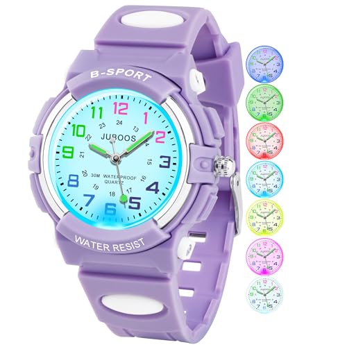 Juboos Neue 7-Farbige Kinderuhren, Kinderuhr Jungen Mädchen Analog Quartz Uhr mit Armbanduhr Kautschuk Wasserdicht Outdoor Sports Uhren 5-16 (Lila) von Juboos