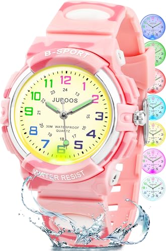 Juboos Neue 7-Farbige Kinderuhren, Kinderuhr Jungen Mädchen Analog Quartz Uhr mit Armbanduhr Kautschuk Wasserdicht Outdoor Sports Uhren 5-16 (Camouflage Rosa) von Juboos