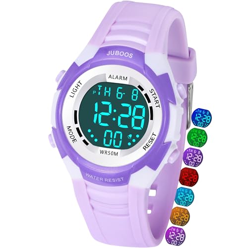Juboos Kinder Digitaluhren, 7 Farben LED-Licht, Wasserdicht, Alarm, Stoppuhr, Outdoor Armbanduhr für Kinder 5-18 Jahre (Violett) von Juboos