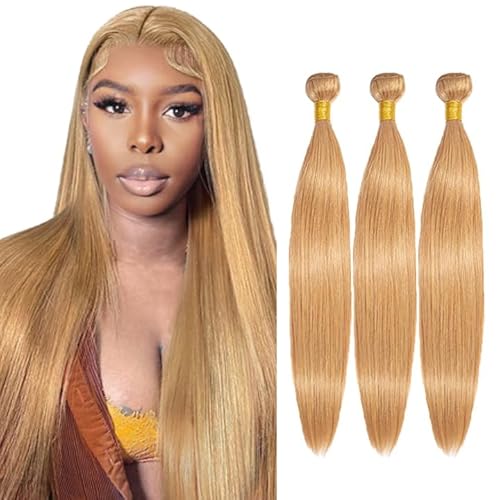 Jucames Echthaar-Extensions, glatt, 61 cm, 66 cm, 71 cm, Nr. 27, Honigblond, doppelt genäht, unbehandeltes Echthaar, 3 Bündel, insgesamt 150 g, für Damen von Jucames