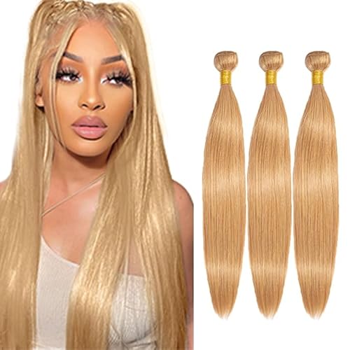 Jucames Echthaar-Extensions, glatt, 71,1 cm, 76,2 cm, 81,3 cm, Nr. 27, Honigblond, doppelt genäht, unbehandeltes Echthaar, 3 Bündel, insgesamt 150 g, für Damen von Jucames