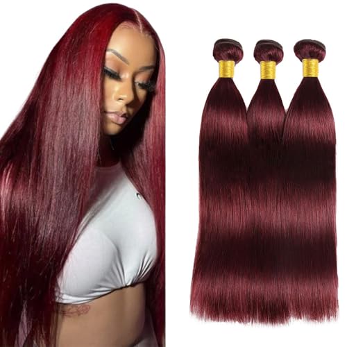 Jucames Echthaar-Extensions, glatt, für Damen, 71,1 cm, 76,2 cm, 81,2 cm, Nr. 99j, Weinrot, doppelt genäht, unbehandeltes Echthaar, 3 Bündel, insgesamt 150 g, Burgunderrot von Jucames