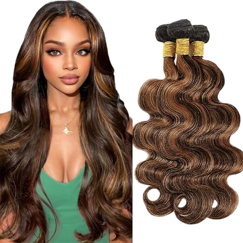 Jucames Echthaar Tressen Bündel Body Wave Human Hair Extension 3 Bundles 100% Unprocessed Virgin Remy Brazilian Haartressen Double Weft Highlight braun Color for Woman 14 16 18 Inch Jucames Echthaar Tressen Bündel Body Wave Human Hair Extension 3 Bundles 100% Unprocessed Virgin Remy Brazilian Haartressen Double Weft Highlight braun Color for Woman 14 16 18 Inch von Jucames