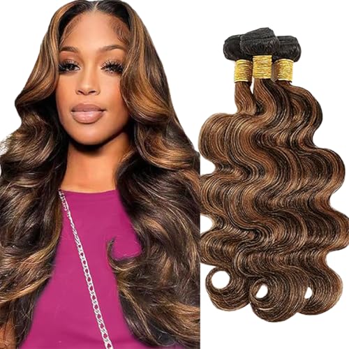 Jucames Echthaar Tressen Bündel Body Wave Human Hair Extension 3 Bundles 100% Unprocessed Virgin Remy Brazilian Haartressen Double Weft Highlight braun Color for Woman 16 18 20 Inch Jucames Echthaar Tressen Bündel Body Wave Human Hair Extension 3 Bundles 100% Unprocessed Virgin Remy Brazilian Haartressen Double Weft Highlight braun Color for Woman 16 18 20 Inch von Jucames