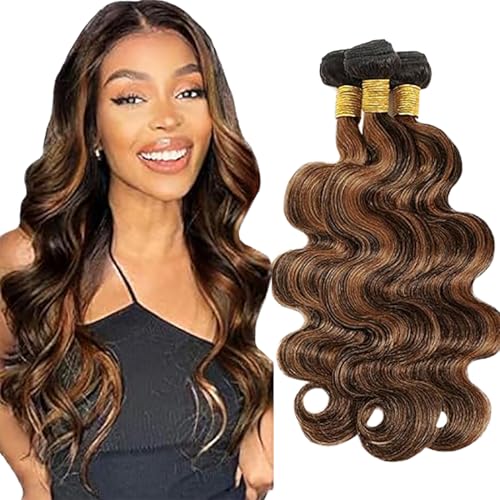 Jucames Echthaar Tressen Bündel Body Wave Human Hair Extension 3 Bundles 100% Unprocessed Virgin Remy Brazilian Haartressen Double Weft Highlight braun Color for Woman 20 22 24 Inch von Jucames