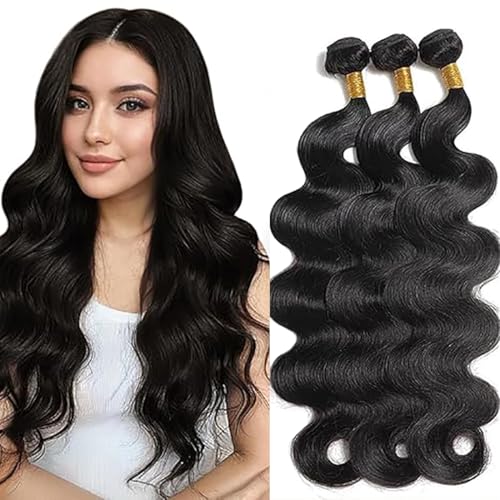 Jucames Echthaar Tressen Bündel Body Wave Human Hair Extension 3 Bundles 100% Unprocessed Virgin Remy Brazilian Haartressen Double Weft Naturschwarz Color for Woman 14 14 14 Inch von Jucames
