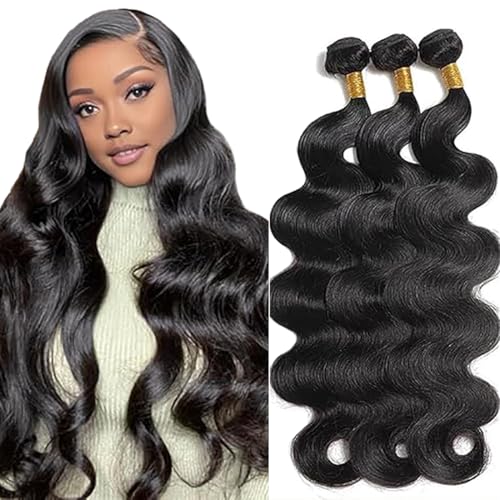 Jucames Echthaar Tressen Bündel Body Wave Human Hair Extension 3 Bundles Unprocessed Remy Haartressen Double Weft Naturschwarz Color for Woman 16 16 16 Inch von Jucames