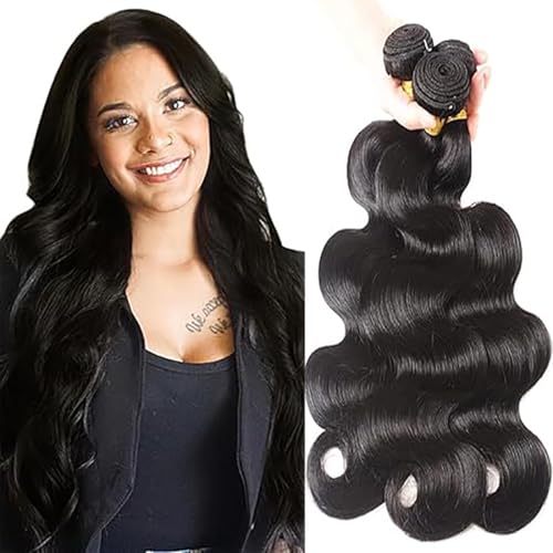 Jucames Echthaar Tressen Bündel Body Wave Human Hair Extension 3 Bundles Unprocessed Remy Haartressen Double Weft Naturschwarz Color for Woman 22 24 26 Inch von Jucames