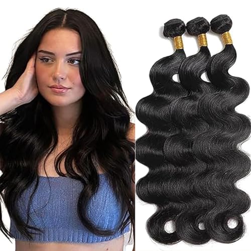 Jucames Echthaar Tressen Bündel Body Wave Human Hair Extension 3 Bundles 100% Unprocessed Virgin Remy Brazilian Haartressen Double Weft Naturschwarz Color for Woman 28 28 28 Inch von Jucames