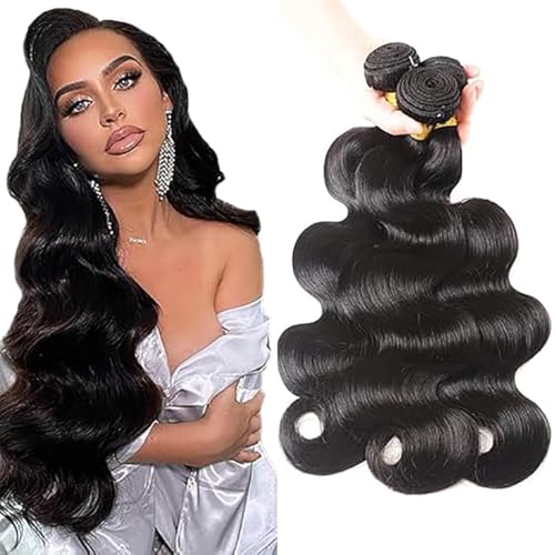 Jucames Echthaar Tressen Bündel Body Wave Human Hair Extension 3 Bundles 100% Unprocessed Virgin Remy Brazilian Haartressen Double Weft Naturschwarz Color for Woman 28 30 32 Inch von Jucames