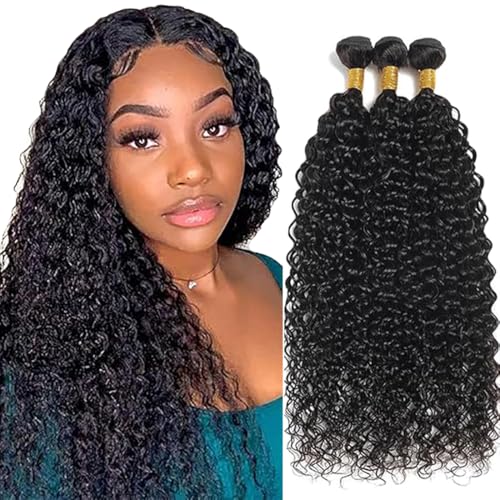 Jucames Echthaar Tressen Bündel Curly Wave Human Hair Extension 3 Bundles Unprocessed Remy Haartressen Double Weft Naturschwarz Color for Woman 20 20 20 Inch von Jucames