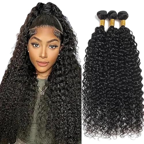 Jucames Echthaar Tressen Bündel Curly Wave Human Hair Extension 3 Bundles Unprocessed Remy Haartressen Double Weft Natural Black Color for Woman 14 14 14 Inch von Jucames