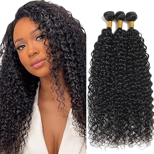 Jucames Echthaar Tressen Bündel Curly Wave Human Hair Extension 3 Bundles Unprocessed Remy Haartressen Double Weft Natural Black Color for Woman 16 16 16 Inch von Jucames