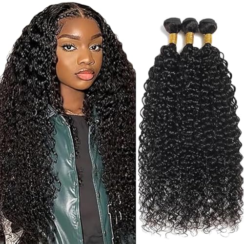 Jucames Echthaar Tressen Bündel Curly Wave Human Hair Extension 3 Bundles Unprocessed Remy Haartressen Double Weft Natural Black Color for Woman 22 24 26 Inch von Jucames