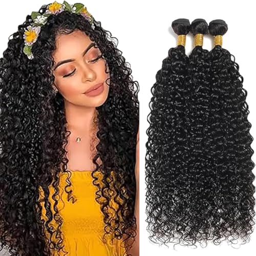 Jucames Echthaar Tressen Bündel Curly Wave Human Hair Extension 3 Bundles Unprocessed Remy Haartressen Double Weft Natural Black Color for Woman 24 26 28 Inch von Jucames