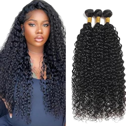 Jucames Echthaar Tressen Bündel Curly Wave Human Hair Extension 3 Bundles Unprocessed Remy Haartressen Double Weft Natural Black Color for Woman 26 28 30 Inch von Jucames