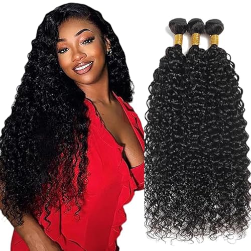 Jucames Echthaar Tressen Bündel Curly Wave Human Hair Extension 3 Bundles Unprocessed Remy Haartressen Double Weft Natural Black Color for Woman 28 30 32 Inch von Jucames