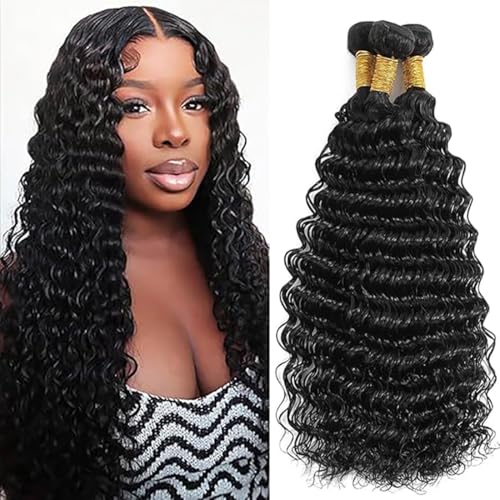 Jucames Echthaar Tressen Bündel Deep Wave Human Hair Extension 3 Bundles 100% Unprocessed Virgin Remy Brazilian Haartressen Double Weft Naturschwarz Color for Woman 12 12 12 Inch von Jucames