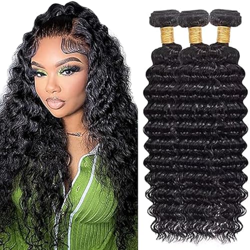 Jucames Echthaar Tressen Bündel Deep Wave Human Hair Extension 3 Bundles Unprocessed Remy Haartressen Double Weft Naturschwarz Color for Woman 12 14 16 Inch von Jucames