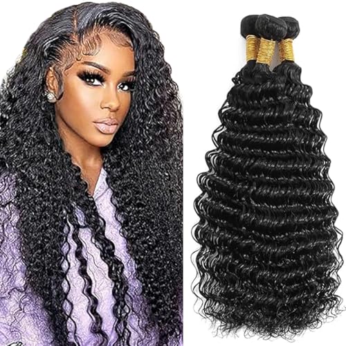 Jucames Echthaar Tressen Bündel Deep Wave Human Hair Extension 3 Bundles 100% Unprocessed Virgin Remy Brazilian Haartressen Double Weft Naturschwarz Color for Woman 16 16 16 Inch von Jucames