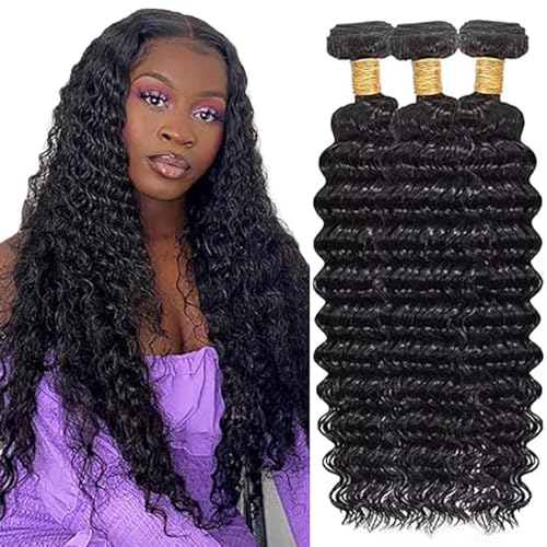 Jucames Echthaar Tressen Bündel Deep Wave Human Hair Extension 3 Bundles 100% Unprocessed Virgin Remy Brazilian Haartressen Double Weft Naturschwarz Color for Woman 16 18 20 Inch von Jucames
