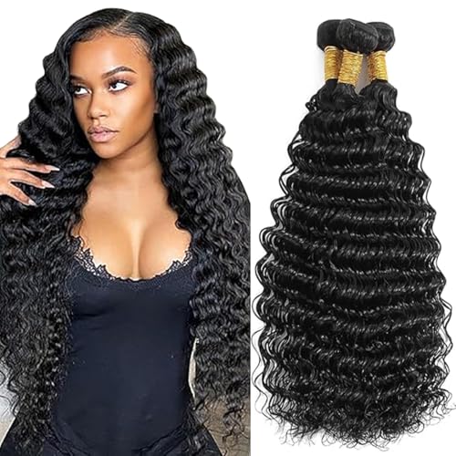 Jucames Echthaar Tressen Bündel Deep Wave Human Hair Extension 3 Bundles 100% Unprocessed Virgin Remy Brazilian Haartressen Double Weft Naturschwarz Color for Woman 18 18 18 Inch von Jucames