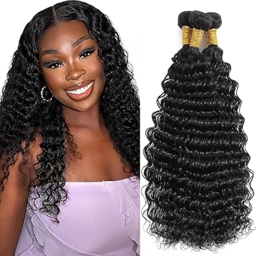 Jucames Echthaar Tressen Bündel Deep Wave Human Hair Extension 3 Bundles 100% Unprocessed Virgin Remy Brazilian Haartressen Double Weft Naturschwarz Color for Woman 22 22 22 Inch von Jucames
