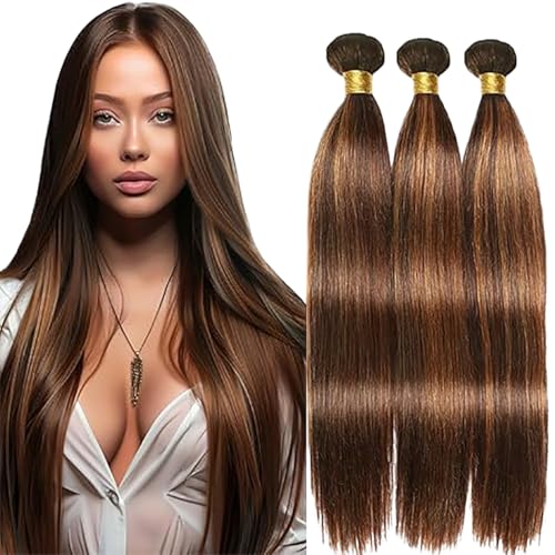 Jucames Echthaar Tressen Bündel Straight Human Hair Extension 3 Bundles 100% Unprocessed Virgin Remy Brazilian Haartressen Double Weft Highlight braun Color for Woman 16 18 20 Inch Jucames Echthaar Tressen Bündel Straight Human Hair Extension 3 Bundles 100% Unprocessed Virgin Remy Brazilian Haartressen Double Weft Highlight braun Color for Woman 16 18 20 Inch von Jucames