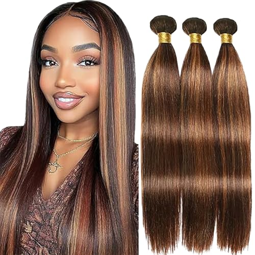 Jucames Echthaar Tressen Bündel Straight Human Hair Extension 3 Bundles 100% Unprocessed Virgin Remy Brazilian Haartressen Double Weft Highlight braun Color for Woman 18 20 22 Inch von Jucames