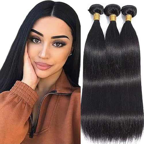 Jucames Echthaar Tressen Bündel Straight Human Hair Extension 3 Bundles 100% Unprocessed Virgin Remy Brazilian Haartressen Double Weft Naturschwarz Color for Woman 20 20 20 Inch von Jucames