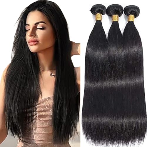 Jucames Echthaar Tressen Bündel Straight Human Hair Extension 3 Bundles 100% Unprocessed Virgin Remy Brazilian Haartressen Double Weft Naturschwarz Color for Woman 32 32 32 Inch von Jucames