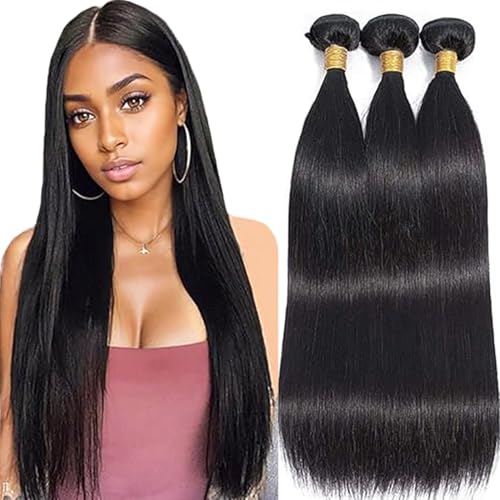 Jucames Echthaar Tressen Bündel Straight Human Hair Extension 3 Bundles 100% Unprocessed Virgin Remy Brazilian Haartressen Double Weft Naturschwarz Color for Woman 34 34 34 Inch von Jucames