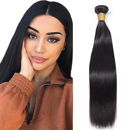 Jucames Echthaar Tressen Bündel Straight Human Hair Extension Single Bundles 100% Unprocessed Virgin Remy Brazilian Haartressen Double Weft Naturschwarz Color for Woman 32 Inch von Jucames
