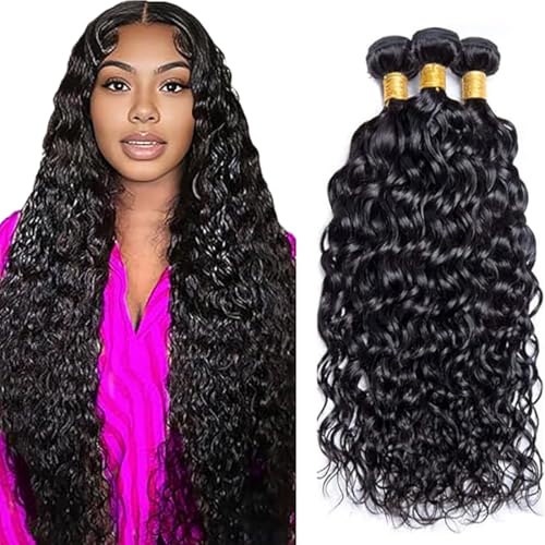Jucames Echthaar Tressen Bündel Water Wave Human Hair Extension 3 Bundles 100% Unprocessed Virgin Remy Brazilian Haartressen Double Weft Naturschwarz Color for Woman 16 18 20 Inch von Jucames
