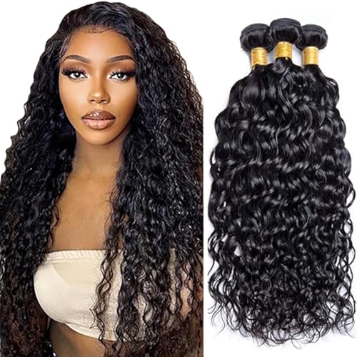 Jucames Echthaar Tressen Bündel Water Wave Human Hair Extension 3 Bundles 100% Unprocessed Virgin Remy Brazilian Haartressen Double Weft Naturschwarz Color for Woman 30 32 34 Inch von Jucames