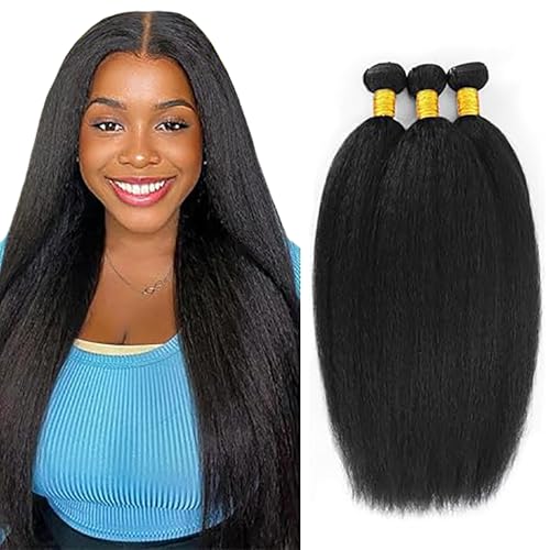 Jucames Echthaar Tressen Bündel Yaki Human Hair Extension 3 Bundles 100% Unprocessed Virgin Remy Brazilian Haartressen Double Weft Naturschwarz Color for Woman 12 14 16 Inch von Jucames