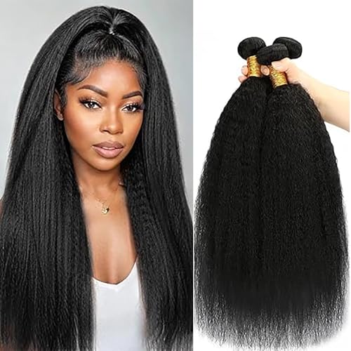 Jucames Echthaar Tressen Bündel Yaki Human Hair Extension 3 Bundles 100% Unprocessed Virgin Remy Brazilian Haartressen Double Weft Naturschwarz Color for Woman 16 16 16 Inch von Jucames