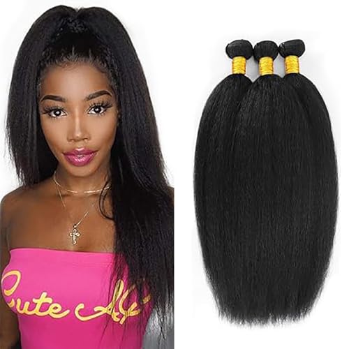 Jucames Echthaar Tressen Bündel Yaki Human Hair Extension 3 Bundles Unprocessed Remy Haartressen Double Weft Naturschwarz Color for Woman 24 26 28 Inch von Jucames