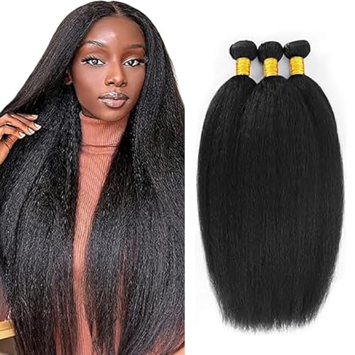 Jucames Echthaar Tressen Bündel Yaki Human Hair Extension 3 Bundles 100% Unprocessed Virgin Remy Brazilian Haartressen Double Weft Naturschwarz Color for Woman 26 28 30 Inch von Jucames
