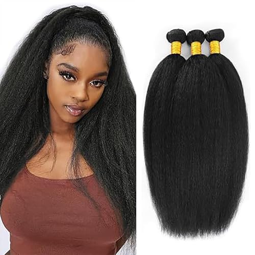 Jucames Echthaar Tressen Bündel Yaki Human Hair Extension 3 Bundles 100% Unprocessed Virgin Remy Brazilian Haartressen Double Weft Naturschwarz Color for Woman 30 32 34 Inch von Jucames