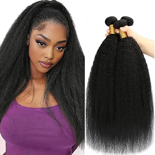 Jucames Echthaar Tressen Bündel Yaki Human Hair Extension 3 Bundles 100% Unprocessed Virgin Remy Brazilian Haartressen Double Weft Naturschwarz Color for Woman 34 34 34 Inch von Jucames