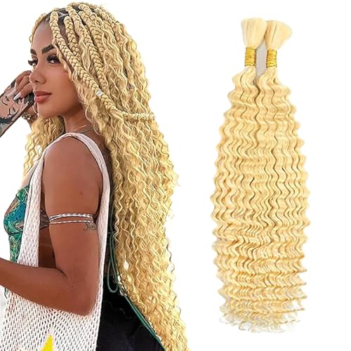 Jucames Echthaar Tressen Deep Wave Human Braiding Hair Extension Unprocessed Remy Haartressen No Weft #613 Blonde Color for Woman 24 24 Inch von Jucames