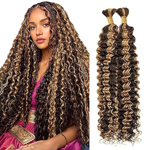 Jucames Echthaar Tressen Deep Wave Human Braiding Hair Extension Unprocessed Remy Haartressen No Weft Highlight Blonde Color for Woman 14 14 Inch von Jucames