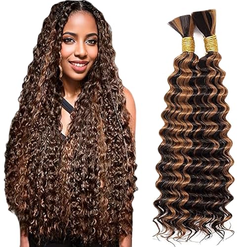 Jucames Echthaar Tressen Deep Wave Human Braiding Hair Extension Unprocessed Remy Haartressen No Weft Highlight Brown Color for Woman 22 22 Inch von Jucames