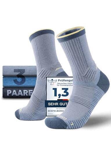 Juclise Sommer Dünn Coolmax Merino Wandersocken Kompression Anti Blasen Gepolstert Anti-Schweiß Atmungsaktiv Trekkingsocken Herren (DE/NL/SE/PL, Numerisch, 38, 42, Heller Denim + Denim + Eclipse) von Juclise