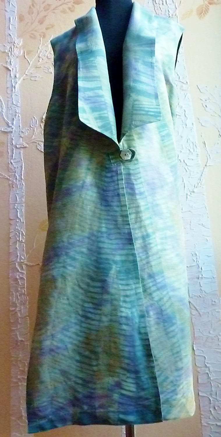 Shibori Gefärbt Lange Duster, Jacke, Weste, Tunika Aus Hanf-Seide in Petrol, Olive, Lila, Lila von JudiStackArtwear