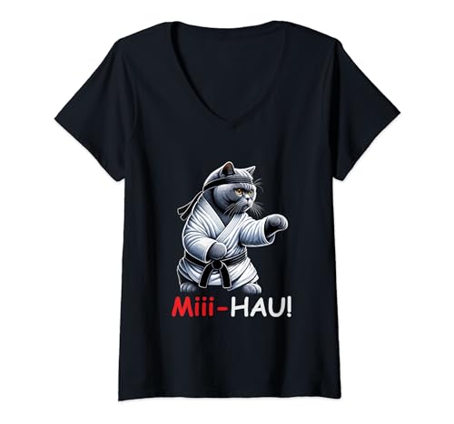 Damen Lustige Karate Britisch Kurzhaar Cat Katzen T-Shirt mit V-Ausschnitt von Judo Taekwondo Karate Katzen Lover Karatesport Fan