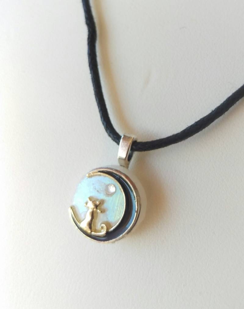 Hand Geschnitten Handgemachte Schillernde Glas Schwarz Silber Katze Swarovski Stern Anhänger Mond Und von JudysJewelzCreations